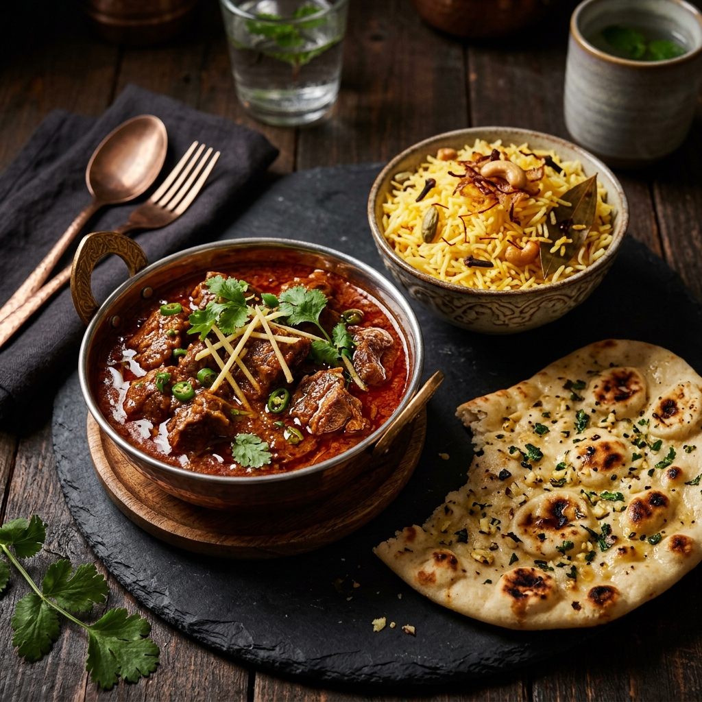 Exquisite Lamb Rogan Josh in brass bowl